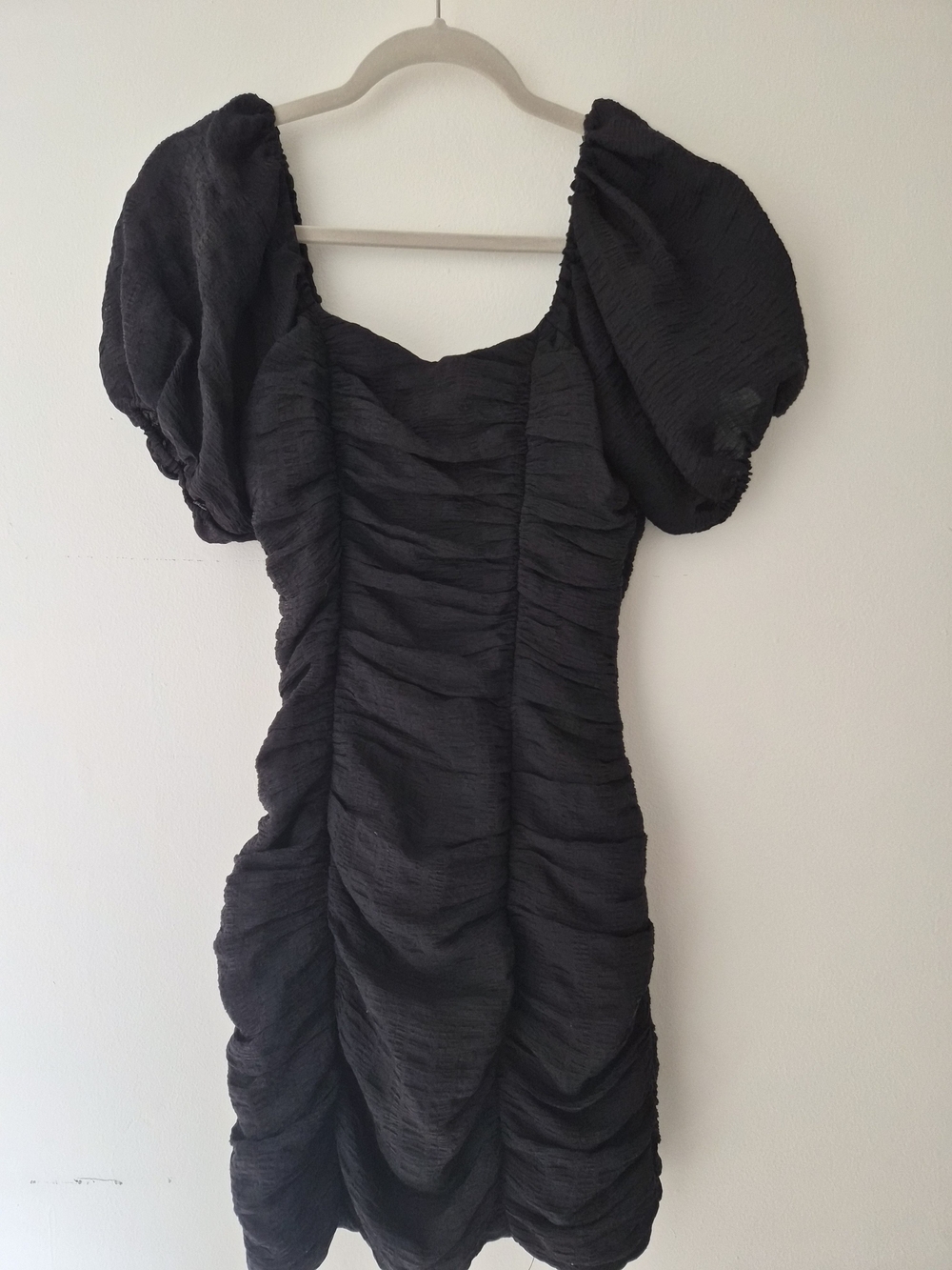 NSR Black Ruched Puff-Sleeve Mini Dress